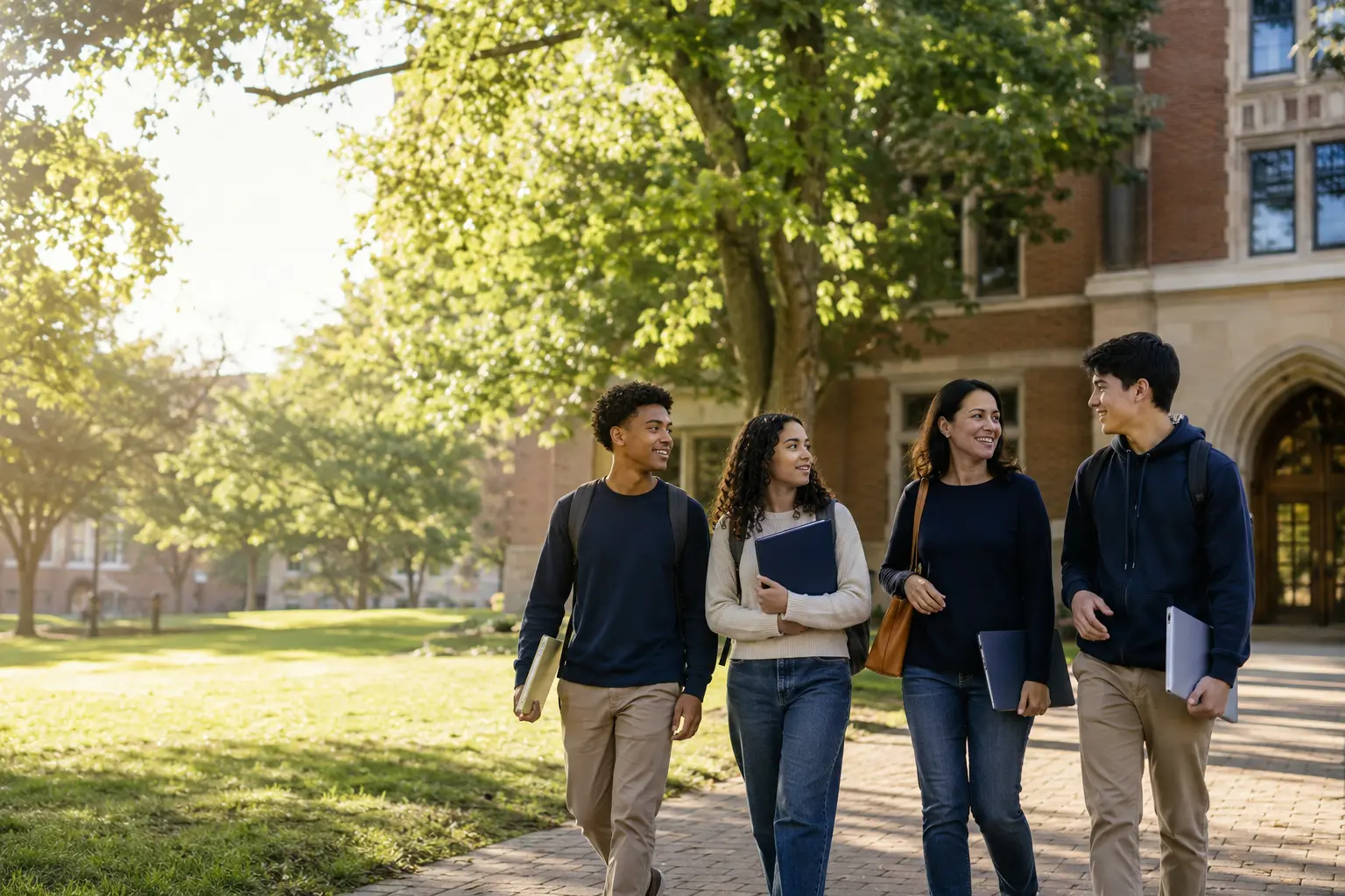 College-bound students and a parent reviewing information together on a university campus